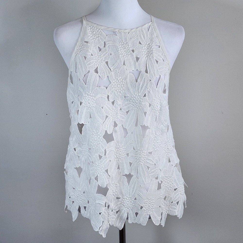 Haute Society Floral Lace Halter Top Womens Medium White Sleeveless Boho Fairy